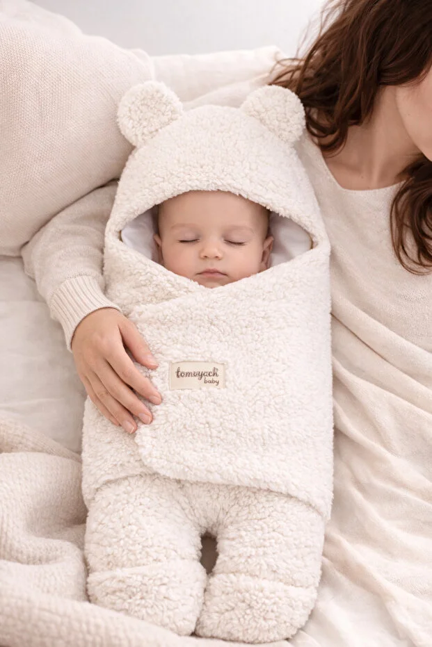 0-12 Ay İçi Elyaflı Peluş Welsoft Kulaklı Ekru Dış Bebek Kundak & Battaniyesi Kışlık Uyku Tulumu